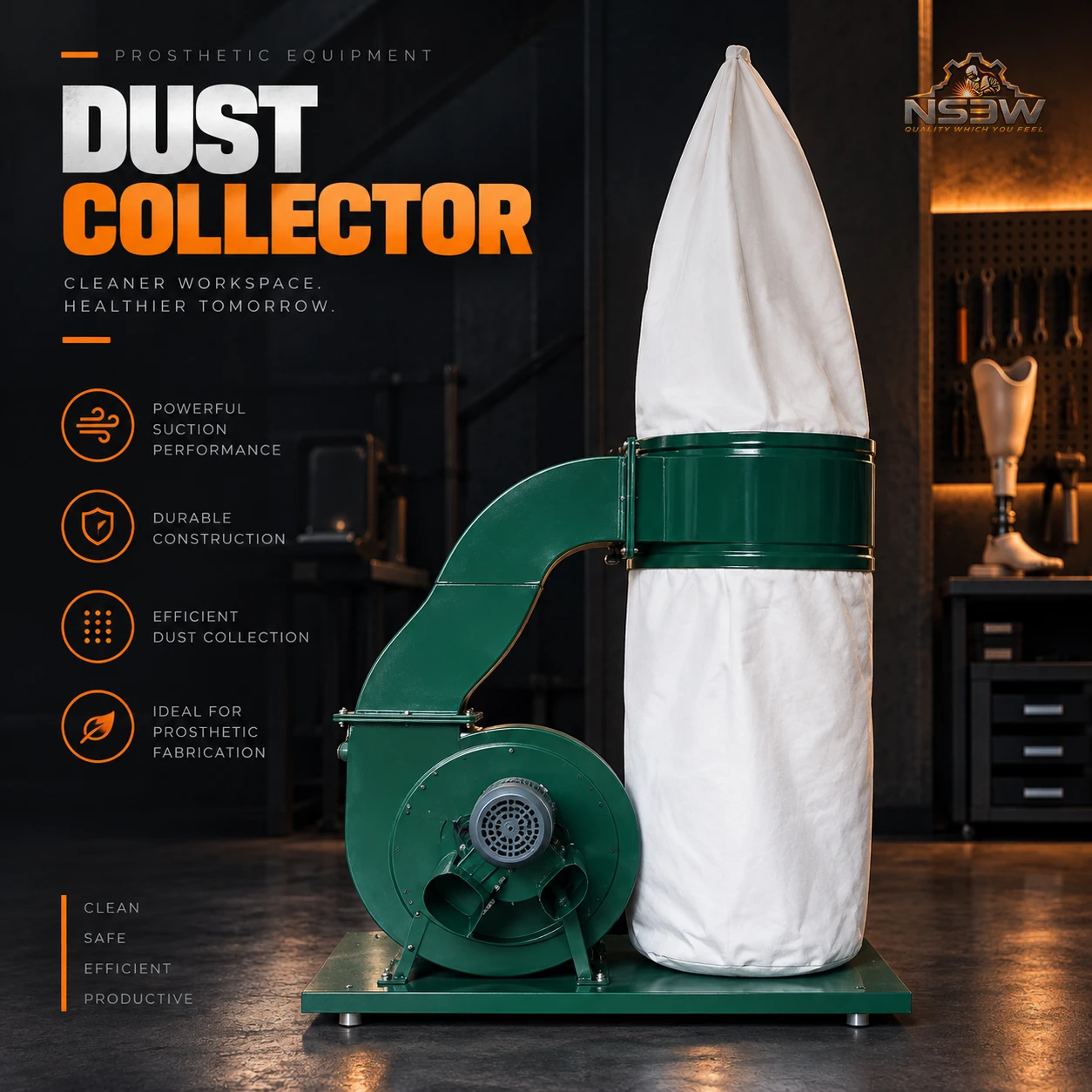 NSEW dust collector for prosthetic and orthotic fabrication workshops