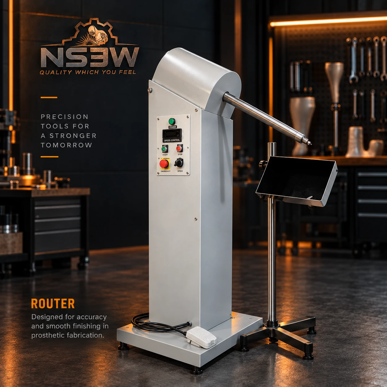 NSEW prosthetic and orthotic fabrication router with central dust-extraction connection
