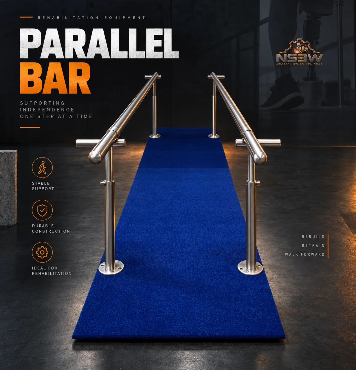 NSEW rehabilitation parallel bar for gait and mobility training